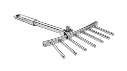 Metal garden rake with a long handle.  The rake tines are  angled and seem adjustable