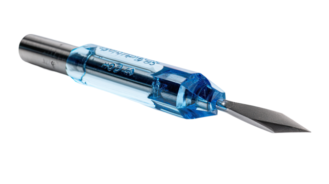 A precision tool, light blue plastic housing,  with a metal shaft, and a pointed tip
