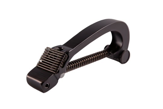 Dark-toned, metallic tool with a curved handle and ribbed gripping surface.  A spring mechanism is visible