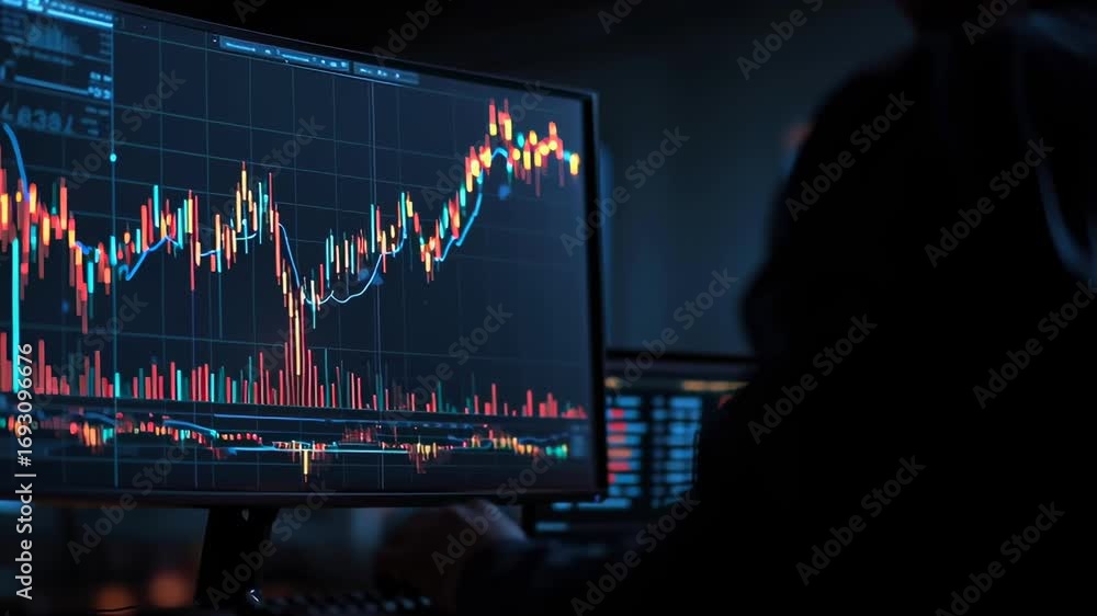 Poster A person is working on a computer monitor with a graph on it. The graph is showing a downward trend, which could indicate a loss in value or a decrease in performance