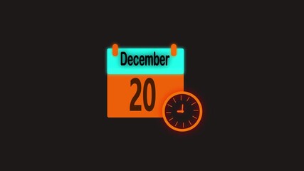 20 december month calendar with time symbol. Simple calendar icon animation and date change of time month with black background.