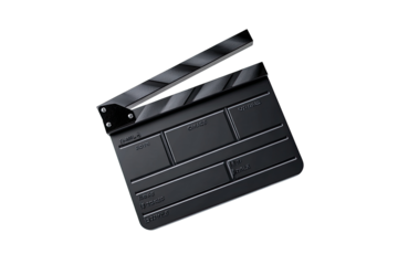 Dark, angled clapperboard against black