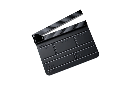 Dark, angled clapperboard against black