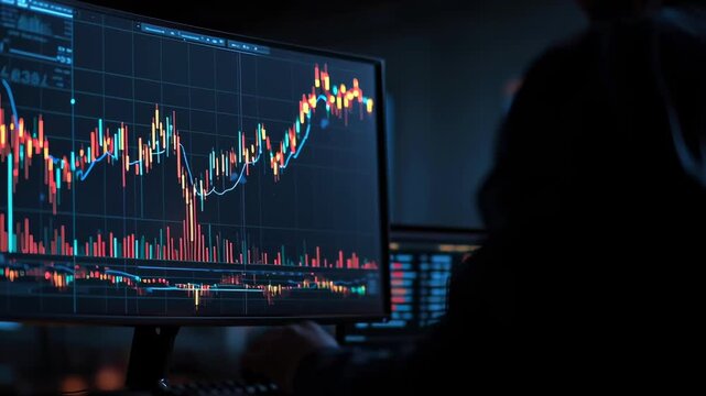 A person is working on a computer monitor with a graph on it. The graph is showing a downward trend, which could indicate a loss in value or a decrease in performance