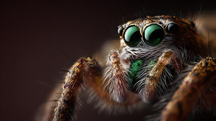 Stunning extreme macro shot reveals intricate details of a vibrant green-eyed jumping spider with fuzzy legs and expressive eyes