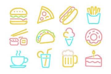 Neon Food Icons. Line style icons of neon food: neon burger, neon pizza, neon hotdog, neon fries; neon sushi, neon taco, neon ice