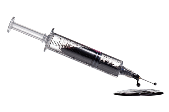 A used syringe, filled with dark liquid, rests on a dark substance