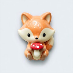 Cute cartoon fox holds red mushroom, playful forest friend