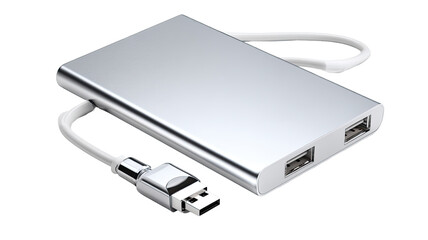 Silver metallic, rectangular device with USB ports and a cable