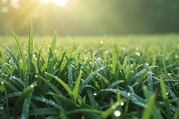 Fresh green grass covered in sparkling morning dew drops with the warm golden light of the rising sun creating a beautiful and peaceful nature background