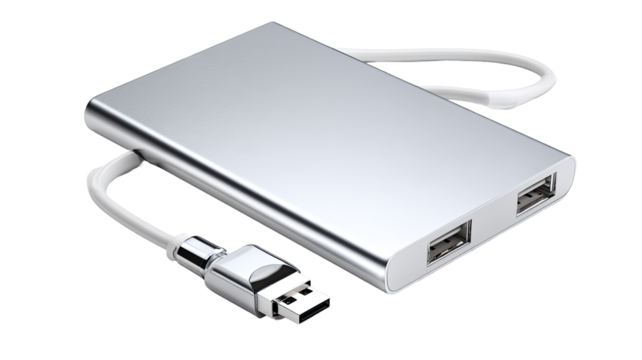Silver metallic, rectangular device with USB ports and a cable