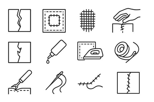 Fabric Repair Icons. Line style icons of fabric repair: torn fabric, patch fabric, darning stitch, hand mending; fabric tear,