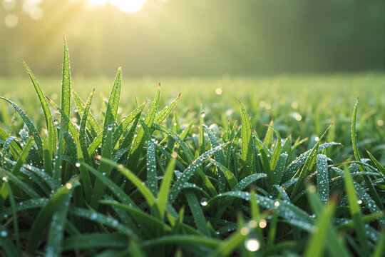 Fresh green grass covered in sparkling morning dew drops with the warm golden light of the rising sun creating a beautiful and peaceful nature background