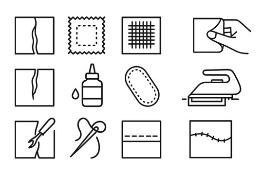 Fabric Repair Icons. Line style icons of fabric repair: torn fabric, patch fabric, darning stitch, hand mending; fabric tear,