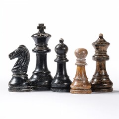 Worn chess pieces in vintage style on white background
