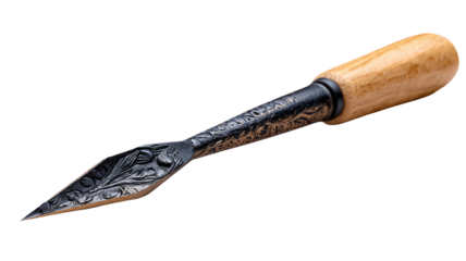 Detailed view of a pointed tool.  Ornate, black metal blade with carved floral design.  Light-colored wooden handle.  Sharp tip