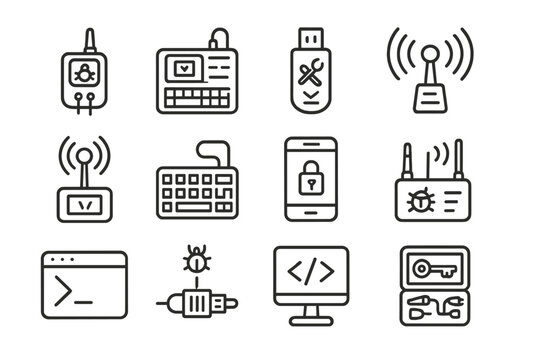 Hacking Equipment Icons. Line style icons of hacking equipment: backdoor device, keylogger tool, exploit USB, Wi-Fi cracker;