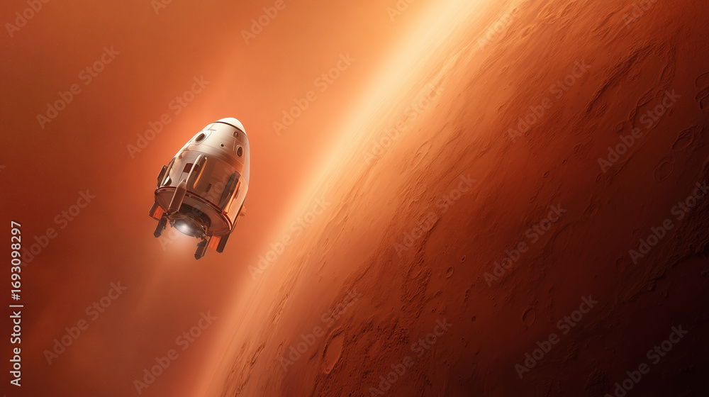 Poster a spaceship is navigating towards the surface of mars, preparing for a colonization effort focused o