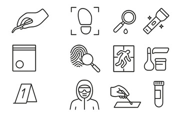 Forensic Investigation Icons. Line style icons of forensic search: glove with tweezers, footprint scan, blood trace search, UV
