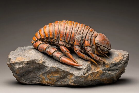 A fossilized eurypterid, an extinct aquatic arthropod, rests on a gray rock.