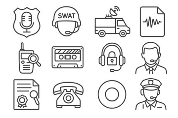Surveillance Icon Collection. Line style icons of law enforcement surveillance icons: badge with mic, SWAT comms icon,