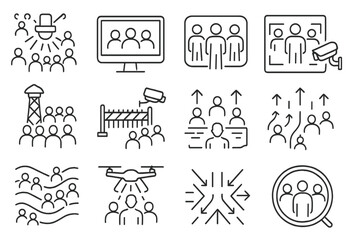 Crowd Monitoring Icons. Line style icons of crowd monitoring: mass gathering with overhead cam, event surveillance screen, thermal
