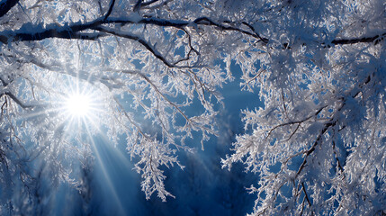 Sparkling sunbeams illuminate frost-covered branches against a vibrant blue winter sky