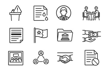 Political Investigation Icons. Line style icons of political investigation: podium with alert, document leak icon, official