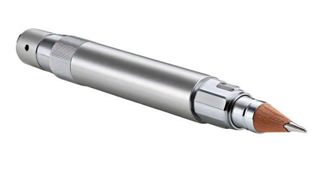 A metallic, pencil-shaped tool, likely industrial.  It has a  cylindrical body and a pointed tip