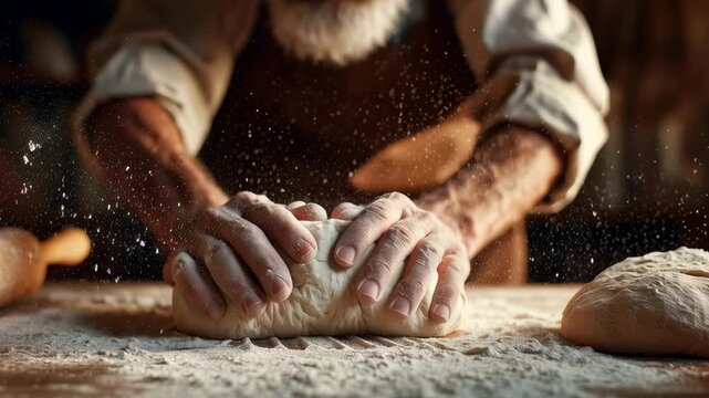 A man is kneading dough on a table. The dough is in the process of being shaped into a loaf. The man is wearing an apron and has flour on his hands. Concept of warmth and comfort
