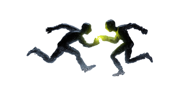 Two shadowy figures running, hands touching, glowing yellow light