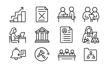 Court Appeal Process Icons. Line style icons of court appeal process: step-by-step appeal chart, initial denial file, new hearing