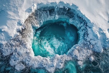 Aerial view of a turquoise pool of water surrounded by snow-covered ice, a breathtaking winter scene.