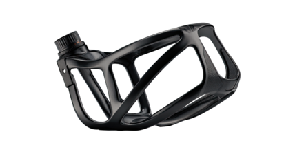 A sleek, black, abstract bottle cage.  It's a cage-like structure, seemingly designed to hold a water bottle, with a  cap-like top.