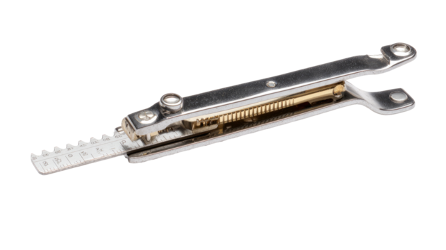 Close-up of a metallic, adjustable measuring tool.  The tool is a light gray/silver color, and has a long, slender body with a small, graduated scale.
