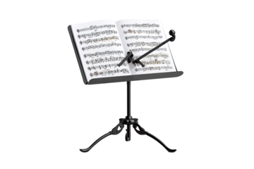 Music stand with open sheet music and microphone