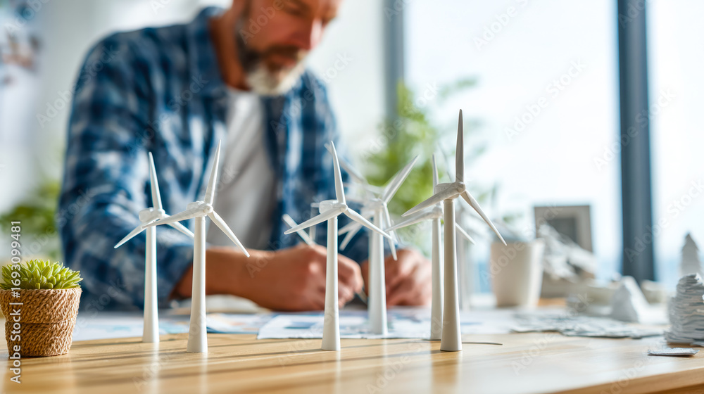 Poster man analyzing wind turbine models in an office setting