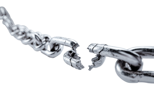 A metallic chain link is broken, signifying liberation or release