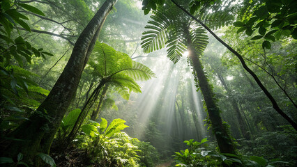 Lush dense jungle canopy with dramatic sunlight rays breaking through lush green foliage