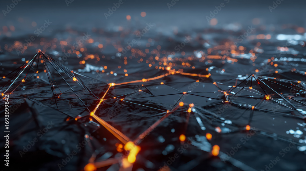Poster digital network connections illustrated with glowing nodes and lines on a dark surface