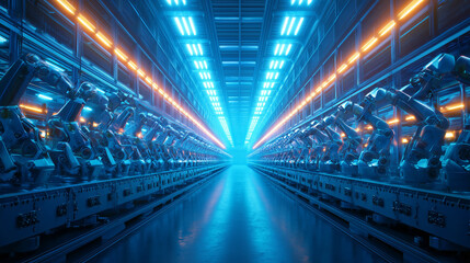 In a spacious manufacturing facility lit by blue neon lights, robotic arms work harmoniously along an assembly line