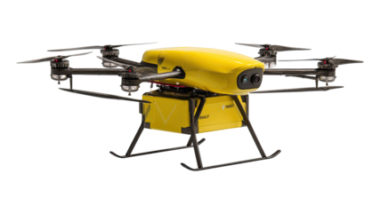 Yellow drone with cargo bay.  Modern delivery drone,  yellow body,  dark gray support structure,  carrying a box-shaped cargo container.  Multiple rotors visible