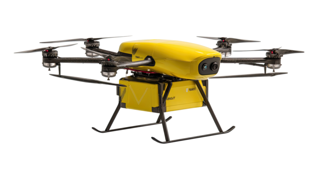 Yellow drone with cargo bay.  Modern delivery drone,  yellow body,  dark gray support structure,  carrying a box-shaped cargo container.  Multiple rotors visible