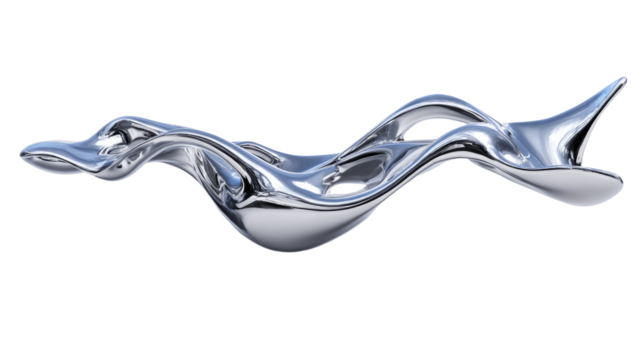 Abstract, flowing, metallic form.  A stylized, liquid, silver-toned sculpture, with smooth, undulating curves and  intricate details.