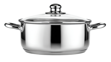 Stainless steel pot with glass lid.  Rounded body,  handles,  and  a domed lid
