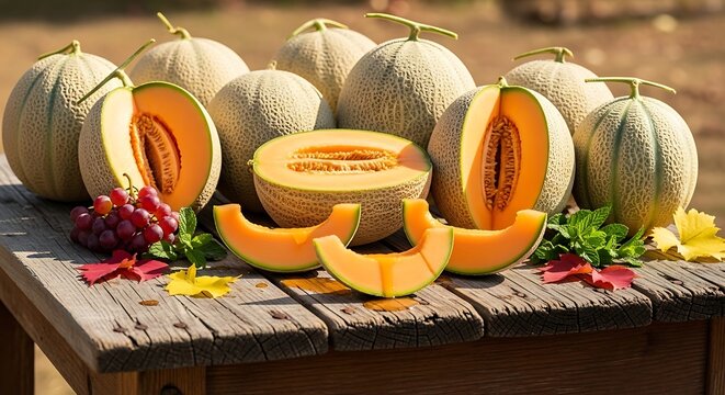 Fresh cantaloupe melons on a wooden table.