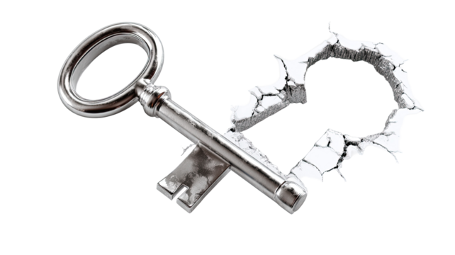 A metallic key with a shattered keyhole
