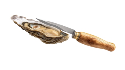 Oyster knife with a sectioned oyster.  A close-up, studio shot shows a oyster knife with a handle made of light-brown wood. The blade is metallic, and a sectioned oyster lies on top of the blade.
