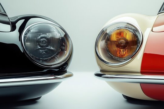 Fototapeta Close-up view of two classic car headlights, one black and one cream and red.