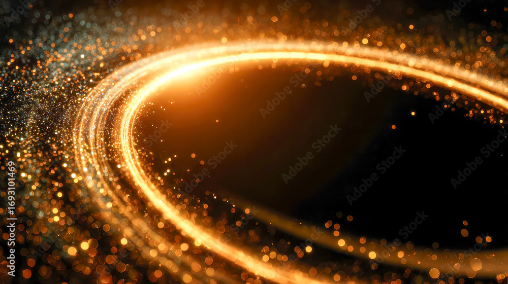 Poster abstract glowing golden particles forming a circular ring with sparkling bokeh lights on a dark back